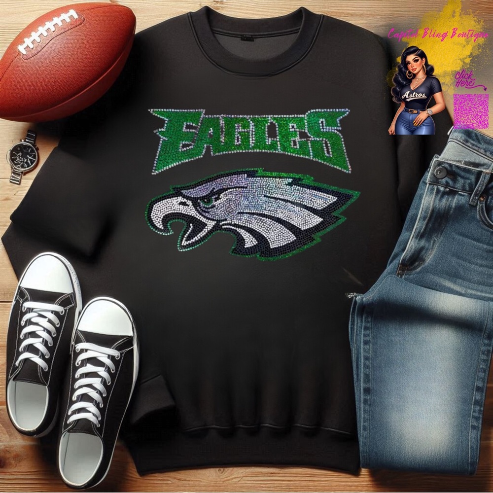 Gameday Philly sweatshirt, decked out in rhinestone sparkle—bling bling, baby!